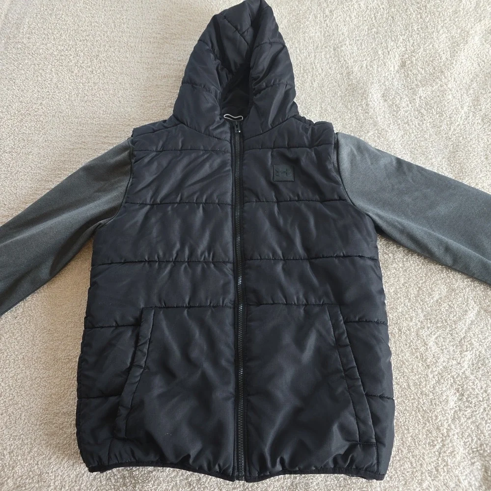 Under Armour Boy's 2-Fer Hoodie Puffer Vest Jacket Gray/black Sz YXL